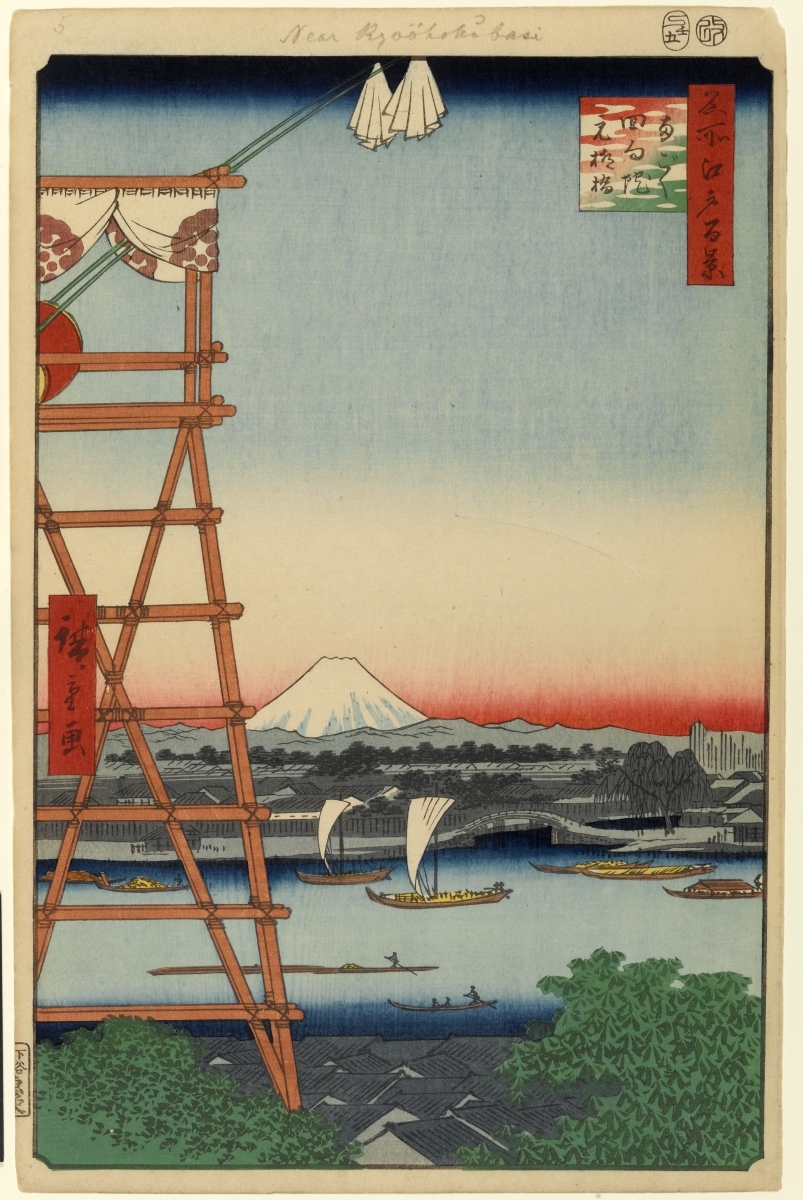 El templo Ekōin de Ryōgoku y el puente Moto-Yanagi.